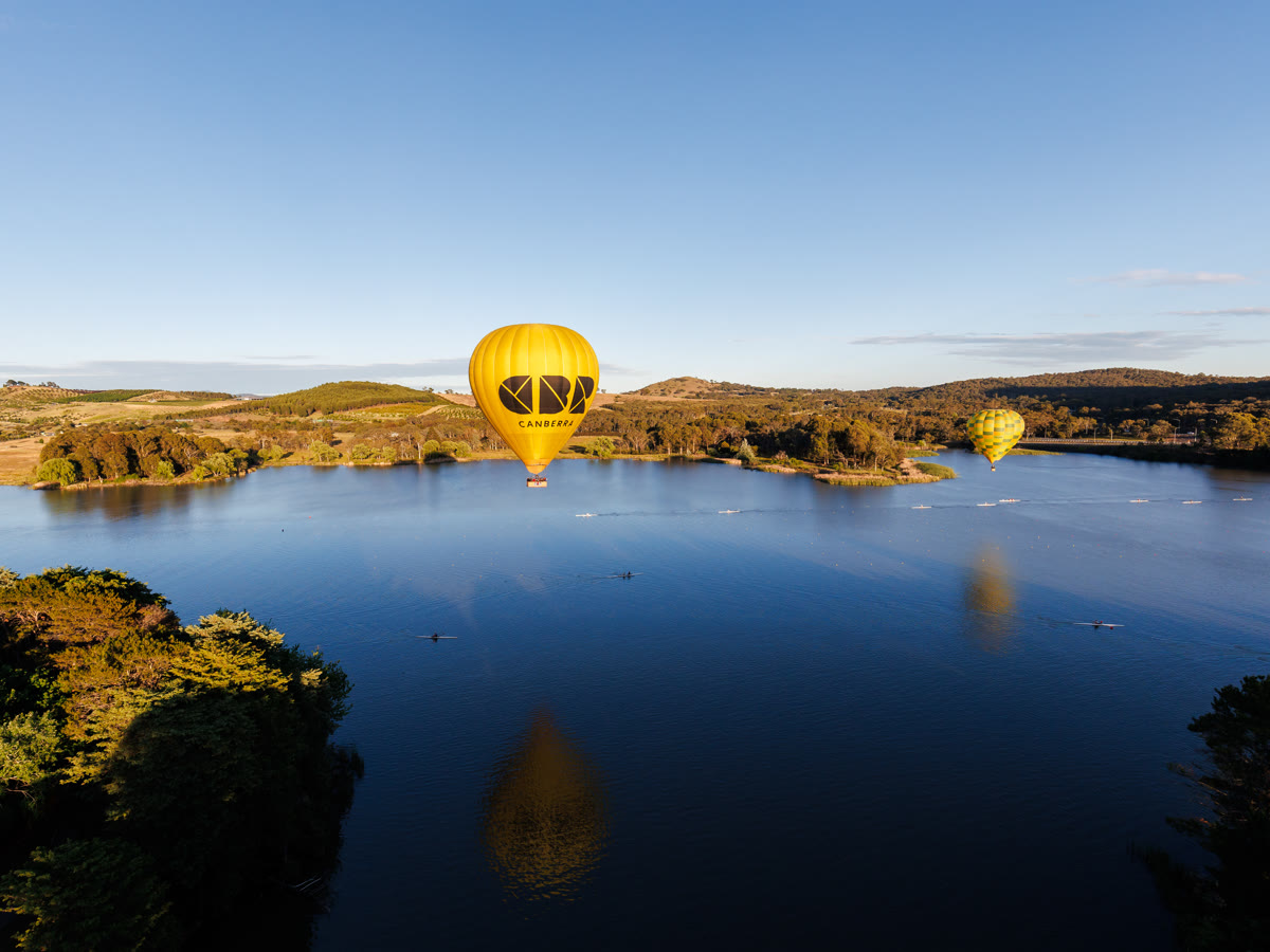 Hot air balloons at sunrise with Balloon Aloft above Canberra