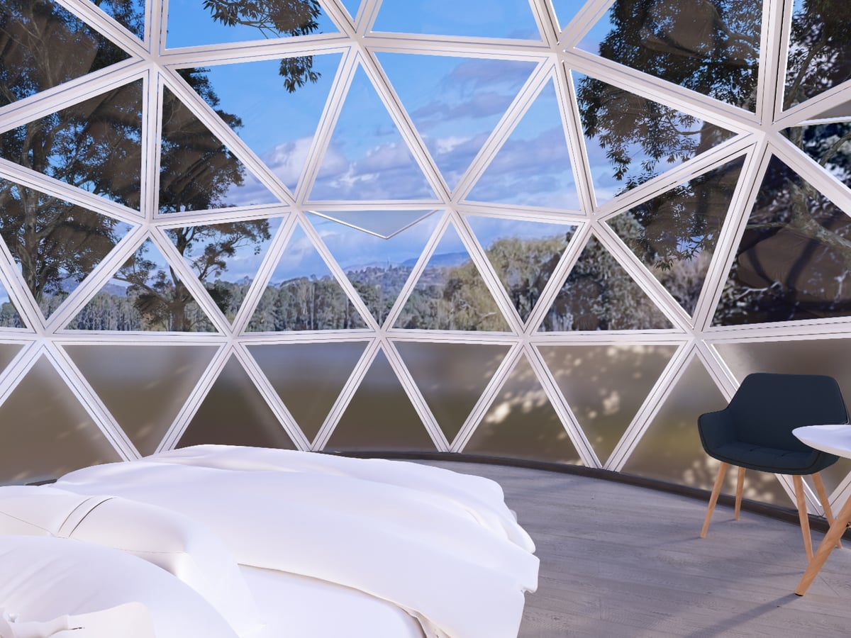 Geodesic dome suite interior with panoramic views